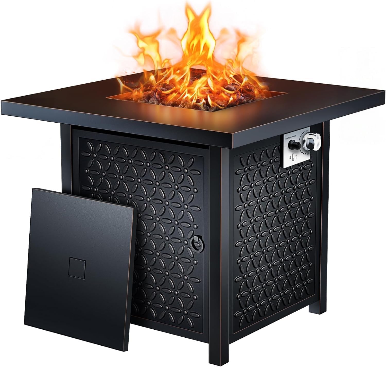 Square fire pit with decorative floral-pattern side panels, removed access door at base, and visible metal control knob.