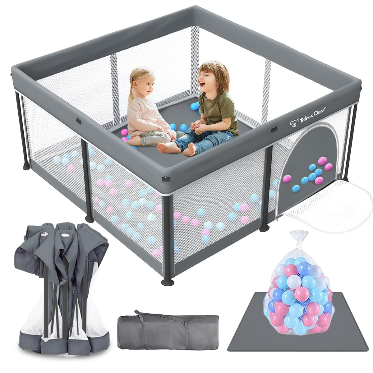 Gray square playpen with mesh sides showing two children sitting and laughing inside amid scattered plastic balls and
