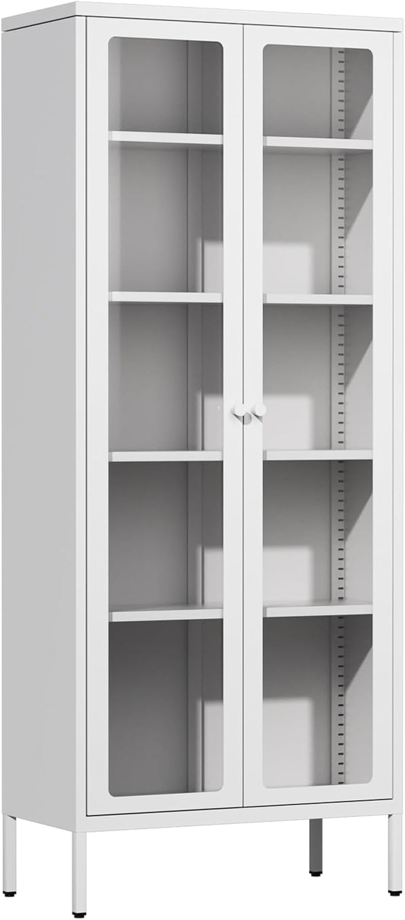 Close front view of the tall white metal display cabinet with glass doors and visible adjustable shelves.