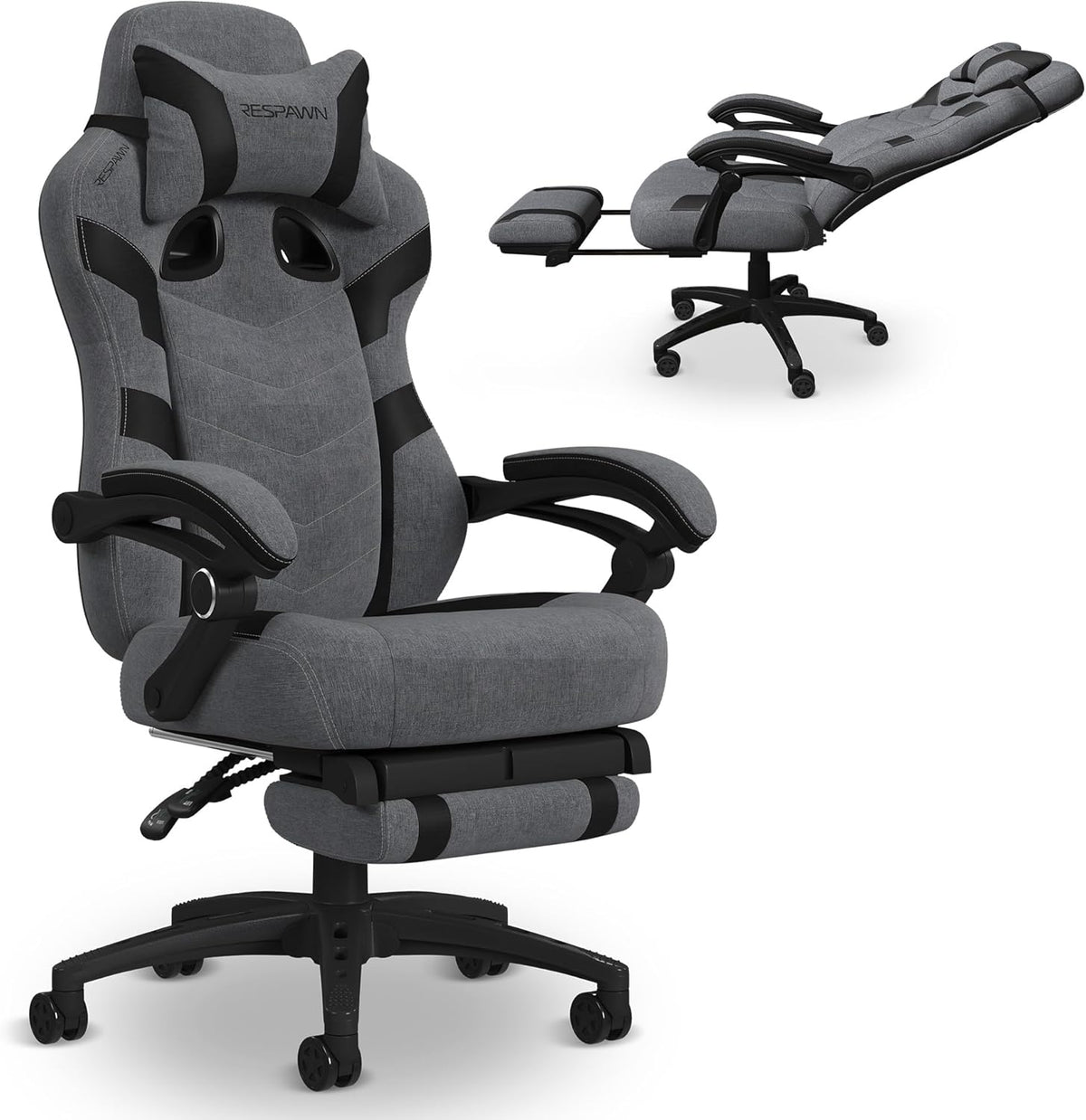 Gray fabric chair at an angle with a removable lumbar pillow and woven texture on the seat and back.