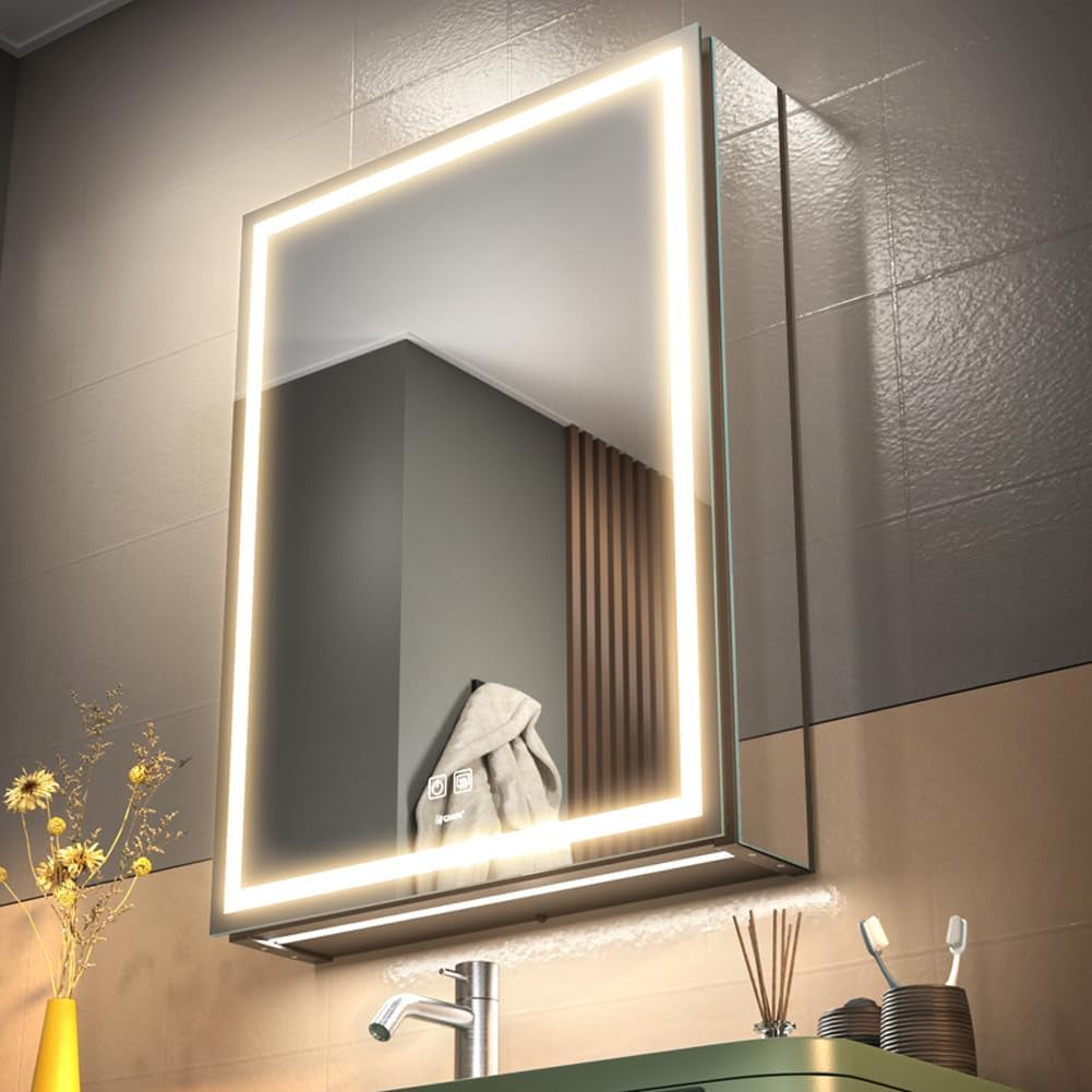 Mirrored medicine cabinet mounted on a tiled wall with illuminated LED border and warm bottom light, angled front view.