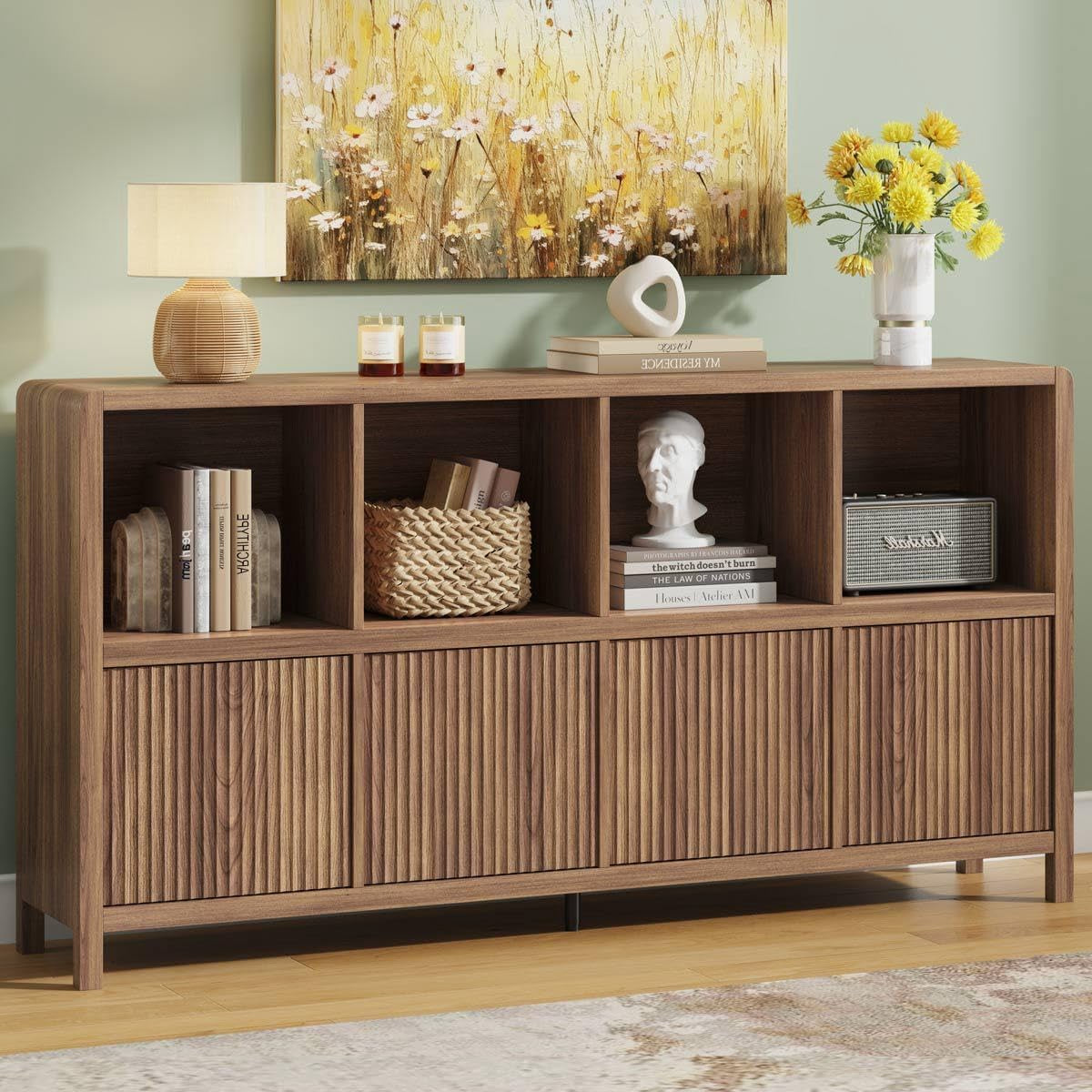 Walnut finish 8-cube bookcase front view showing four open top cubes and four fluted doors with decorative styling