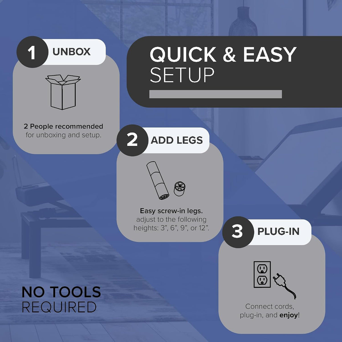 Setup infographic showing unbox, screw-in leg height options and plug-in steps for no-tools assembly