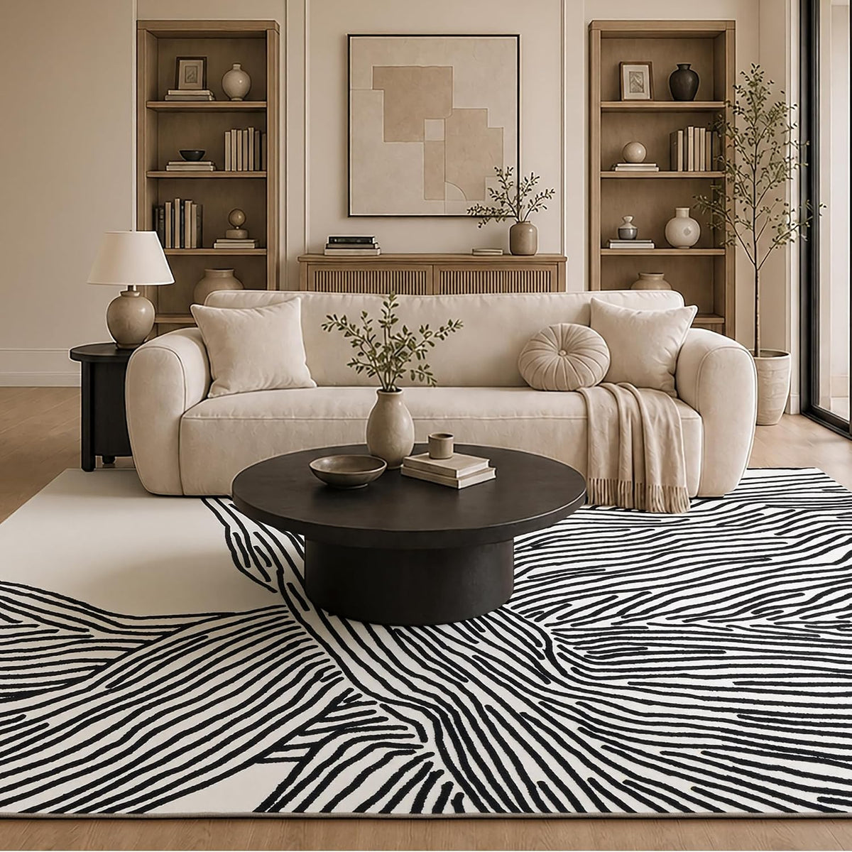 Beige and black modern abstract rug under a round black coffee table and cream sofa in a styled living room