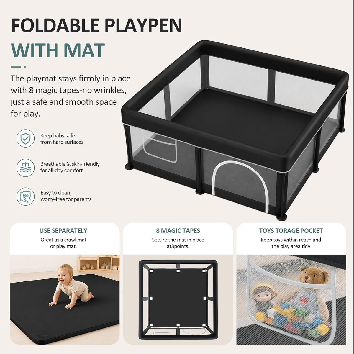Angled view of a square black mesh playpen on a pale background with inset images of the mat and toy pocket.