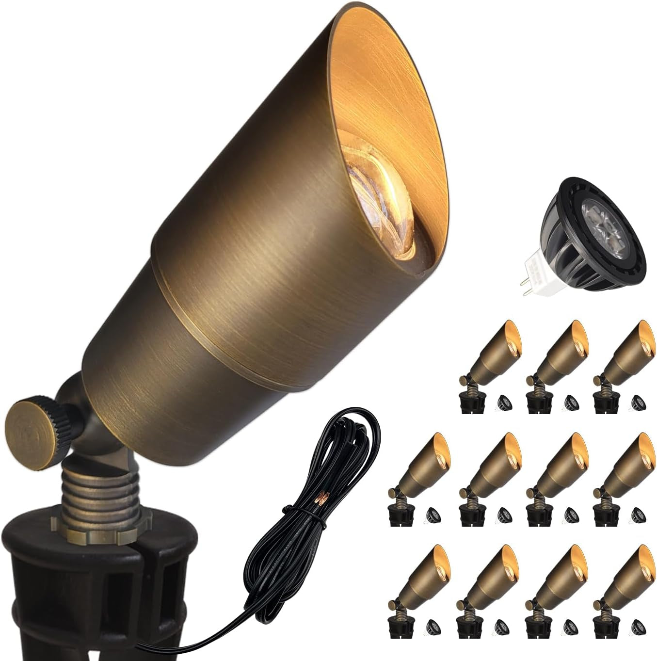 Bronze finish spotlight angled upward with cord, MR16 bulb and six smaller spot images at right.
