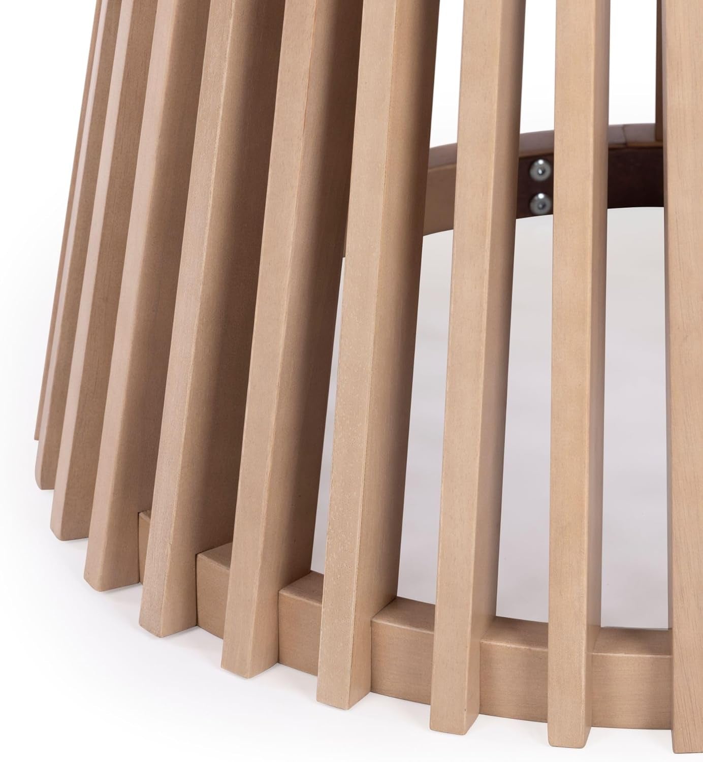 Detail close-up of slatted pedestal base showing vertical wooden slats and circular base ring
