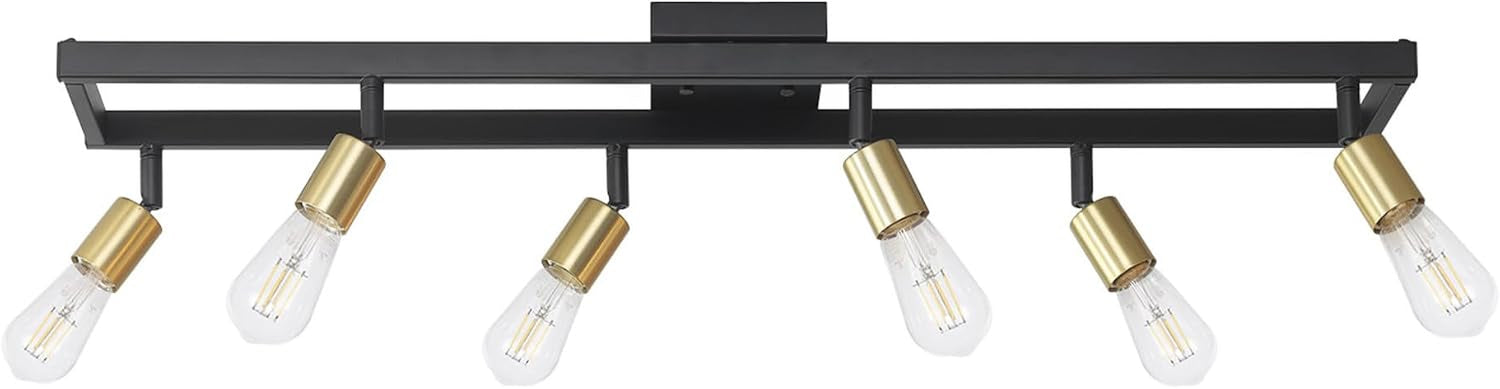 Rectangular black track with six adjustable arms and brass-colored socket accents holding exposed filament bulbs.