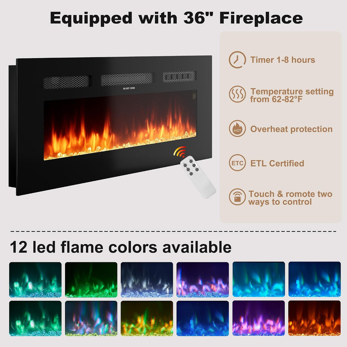 Close-up of the 36" electric fireplace insert showing the flame effect, remote control and control icons