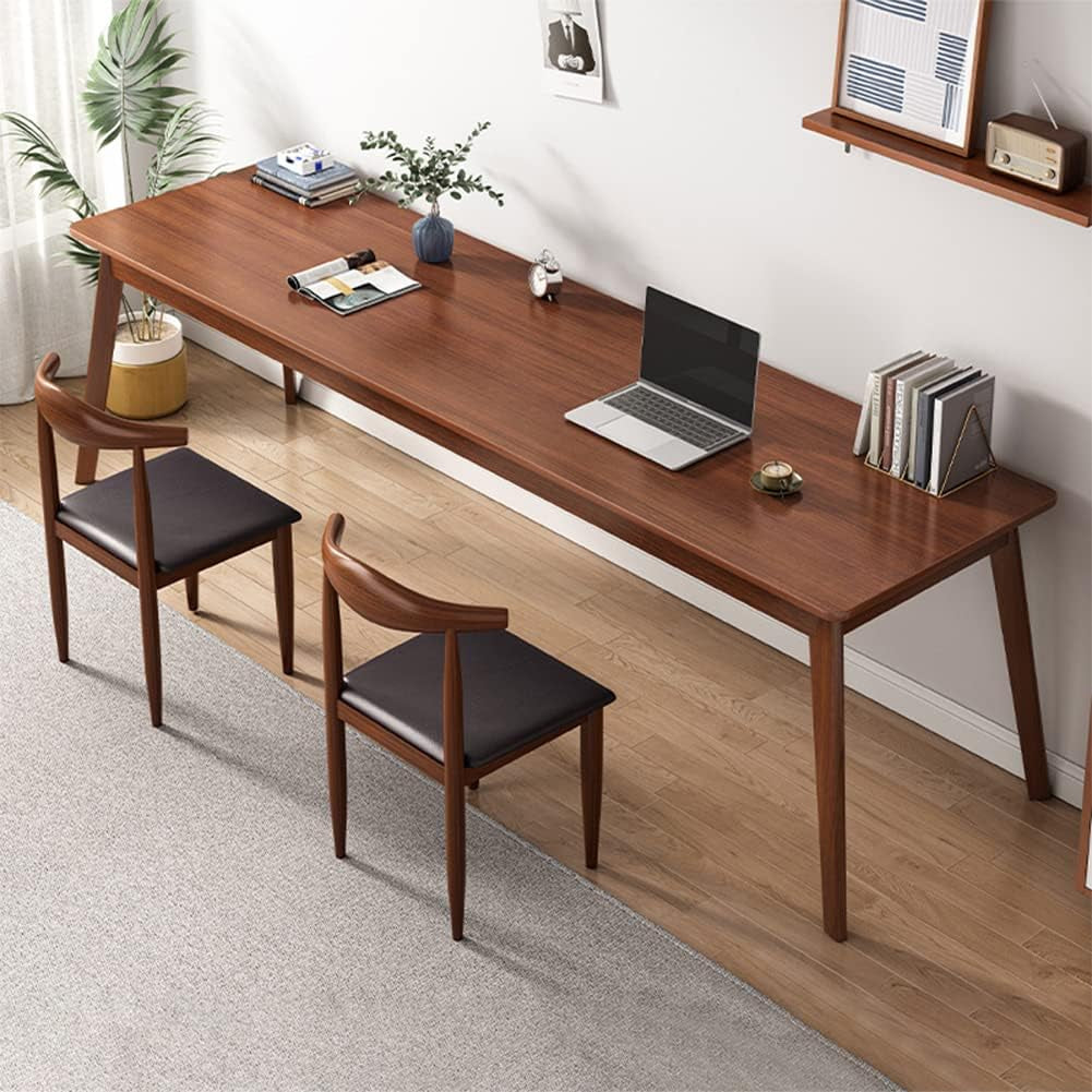 Top-down perspective of walnut long desk with two chairs showing seating for two and ample workspace