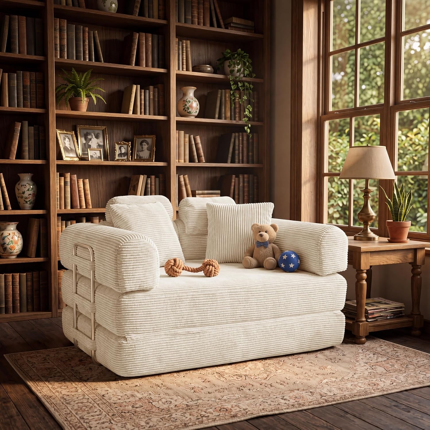 Cream loveseat in a library setting with toys and a teddy bear on the seat.