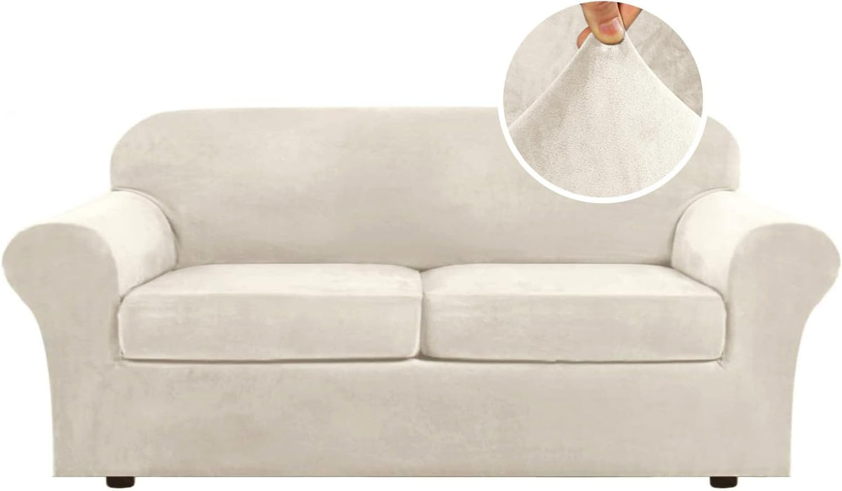 Front view of a two-seat loveseat covered in pale cream velvet with a round close-up showing fabric stretch.