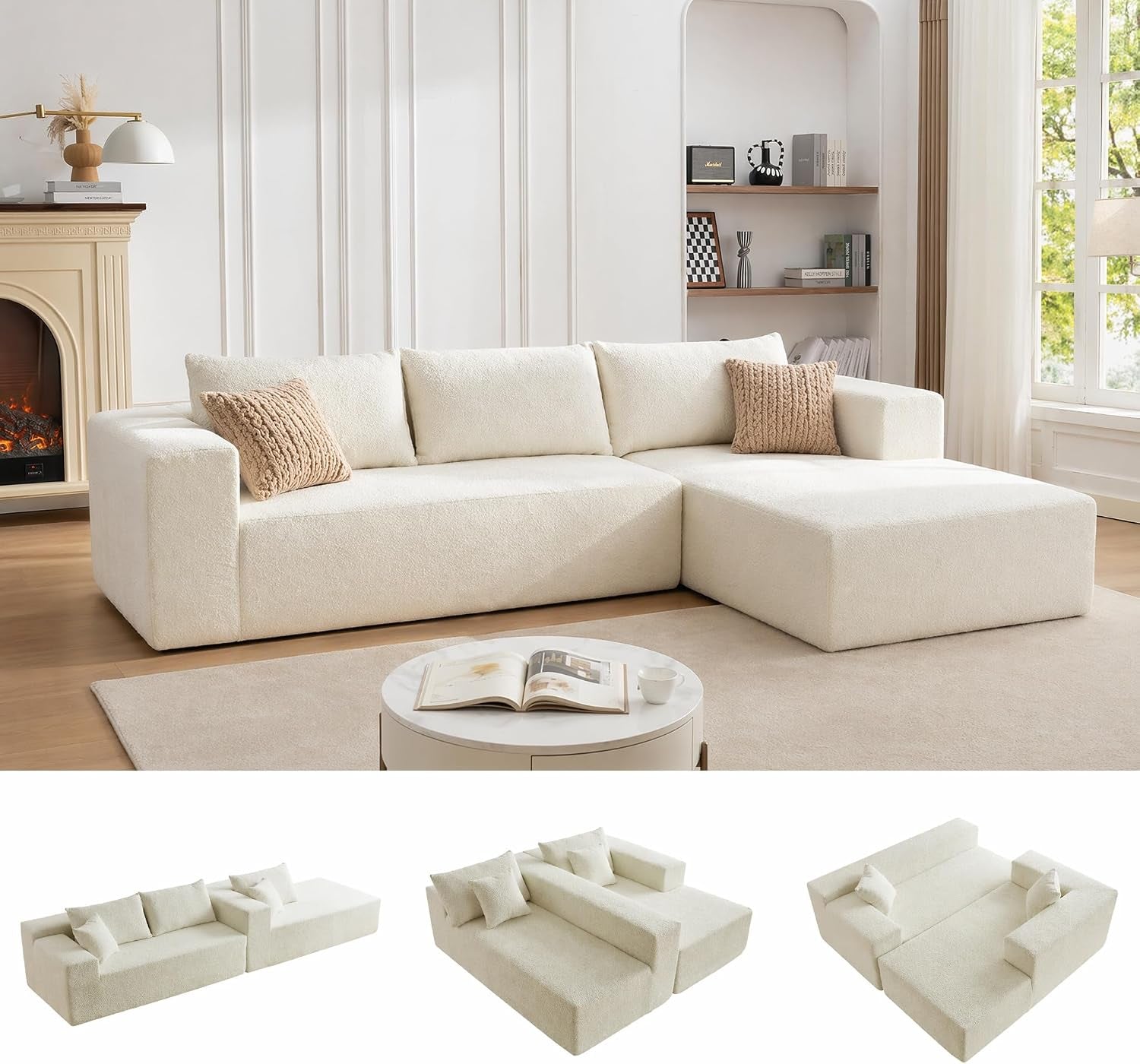 Ivory modular L-shaped sectional with chaise in a light living room by a fireplace and round coffee table