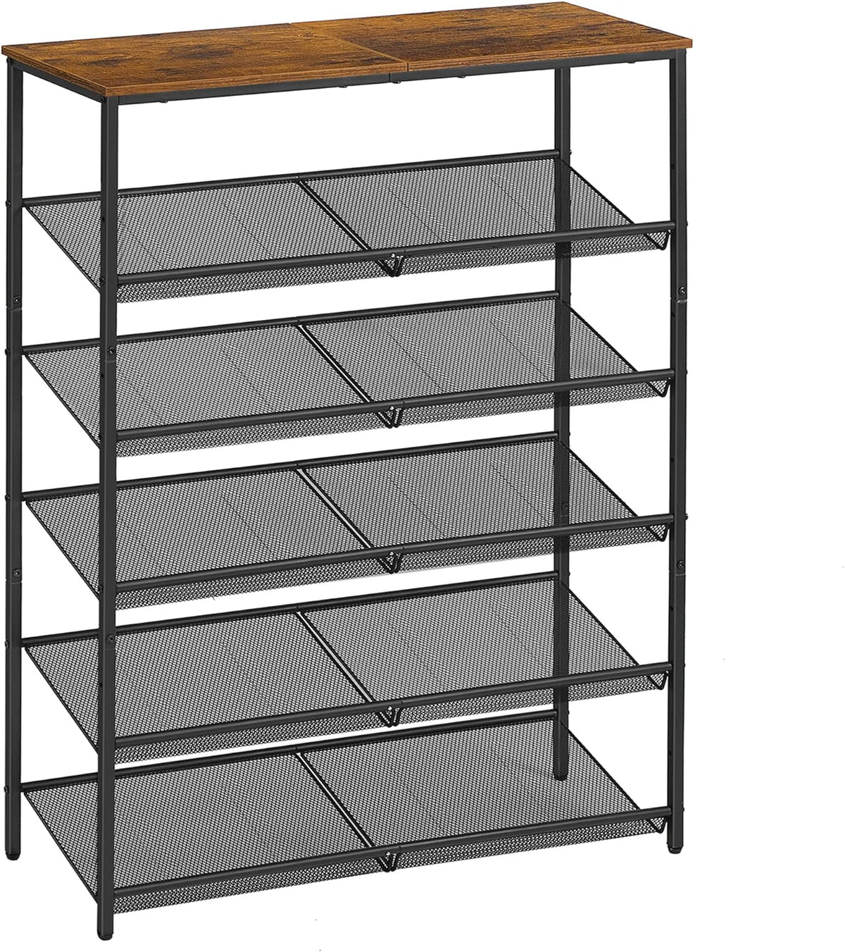 Three-quarter side view showing the wood top and four slanted black mesh shelves in a tall metal frame.