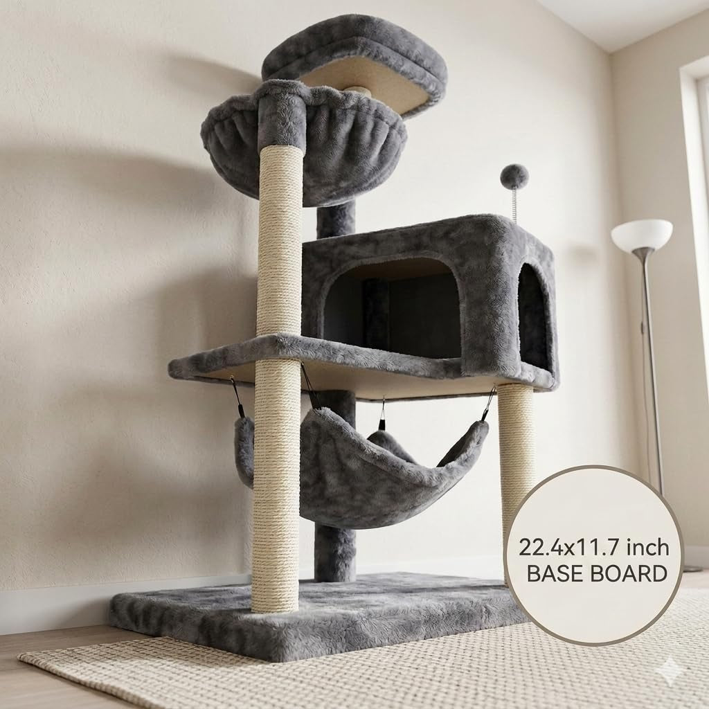 Grey multi-level cat tree with hammock and condo placed on a rug near a floor lamp.