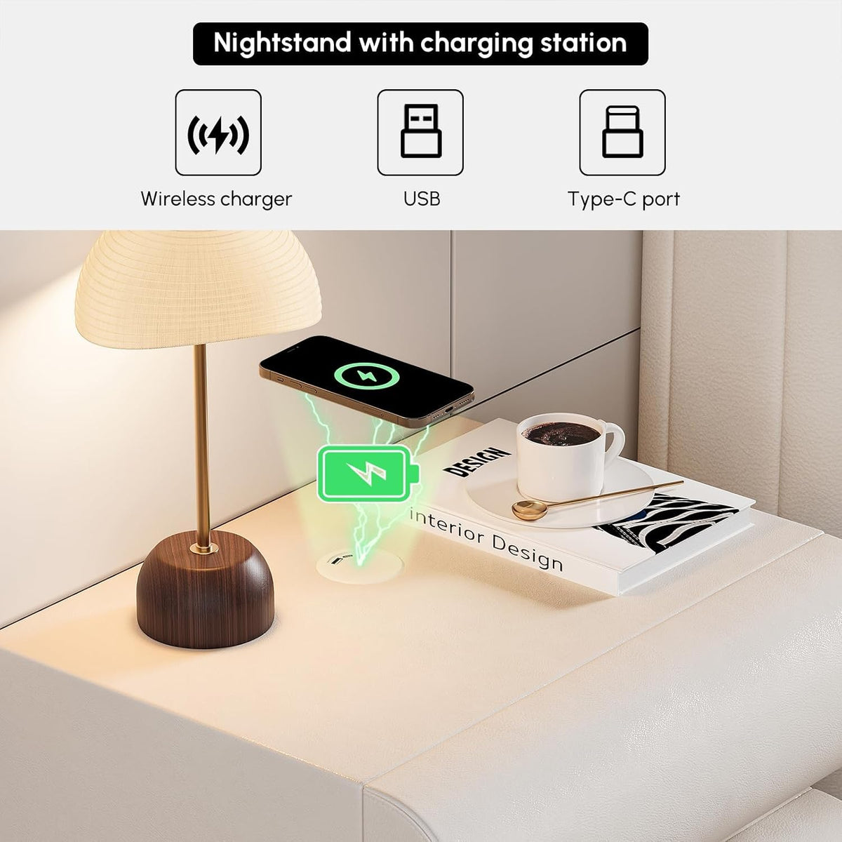 Nightstand surface showing wireless charging illustration and icons for USB and Type-C ports