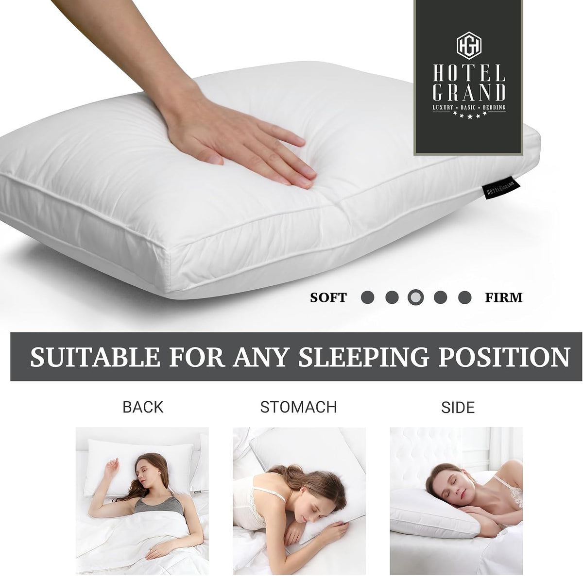 Hand pressing the center of a white gusseted pillow to show softness on a white background