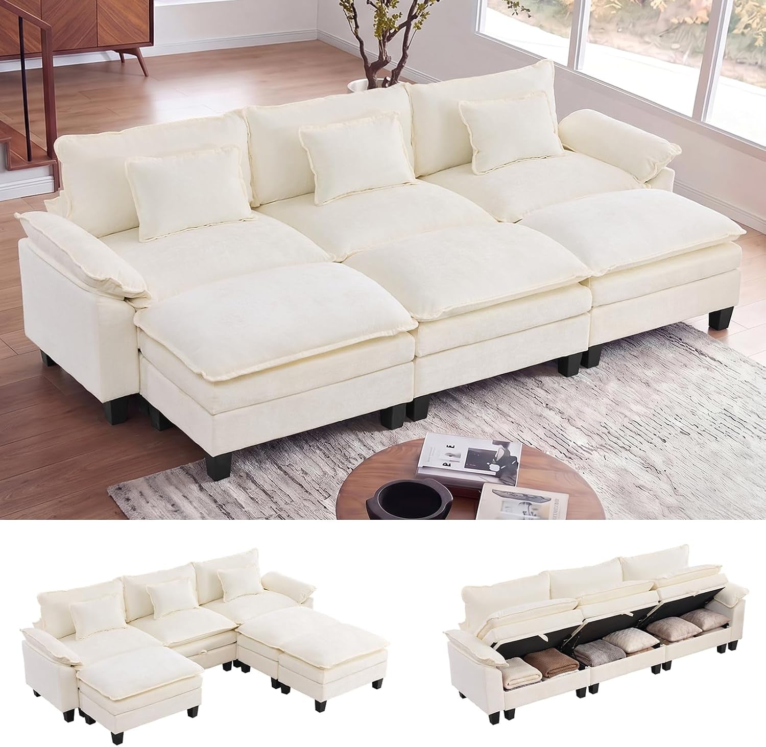 Cream-colored modular sectional arranged as a three-seat sofa with ottoman pieces, shown in a living room