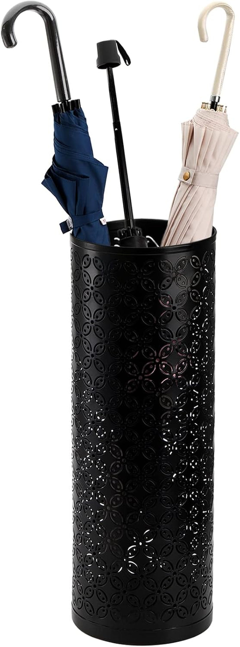Tall black metal umbrella stand with three umbrellas inside, front view