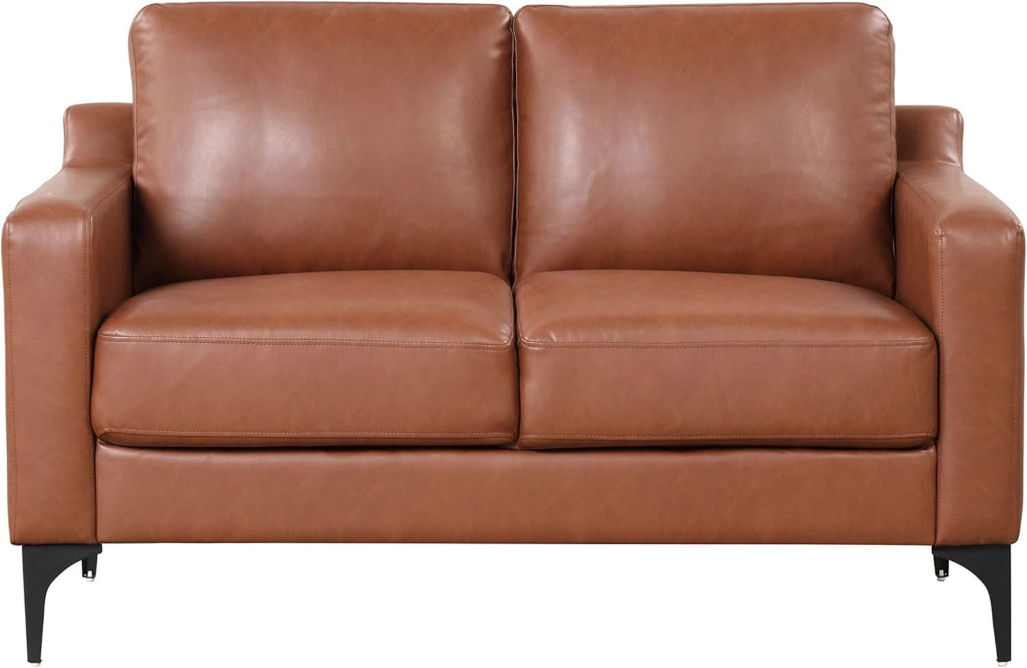 Front-facing cognac brown faux-leather loveseat with metal legs on white background.