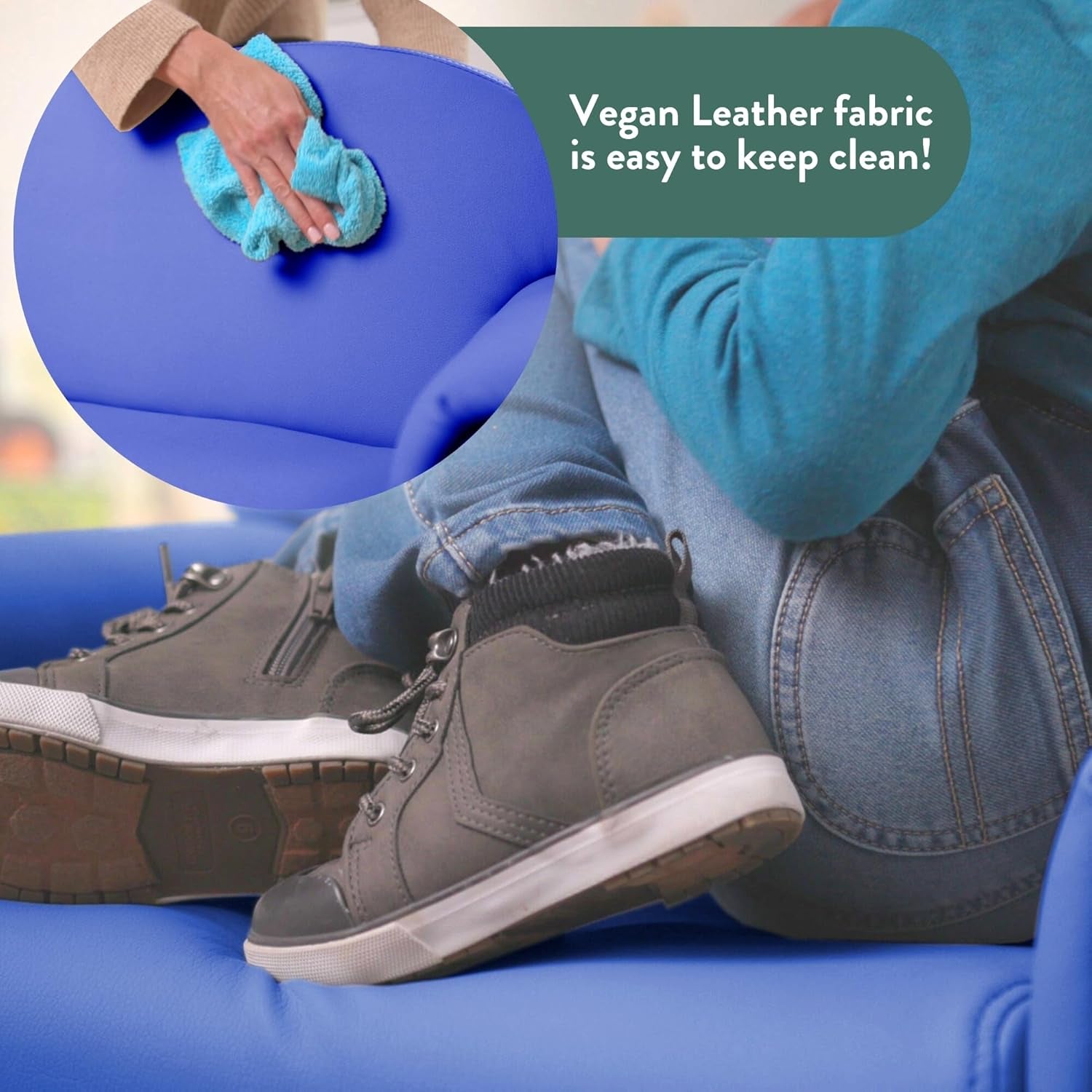 Child's legs and shoes resting on a blue upholstered seat with a cleaning cloth inset