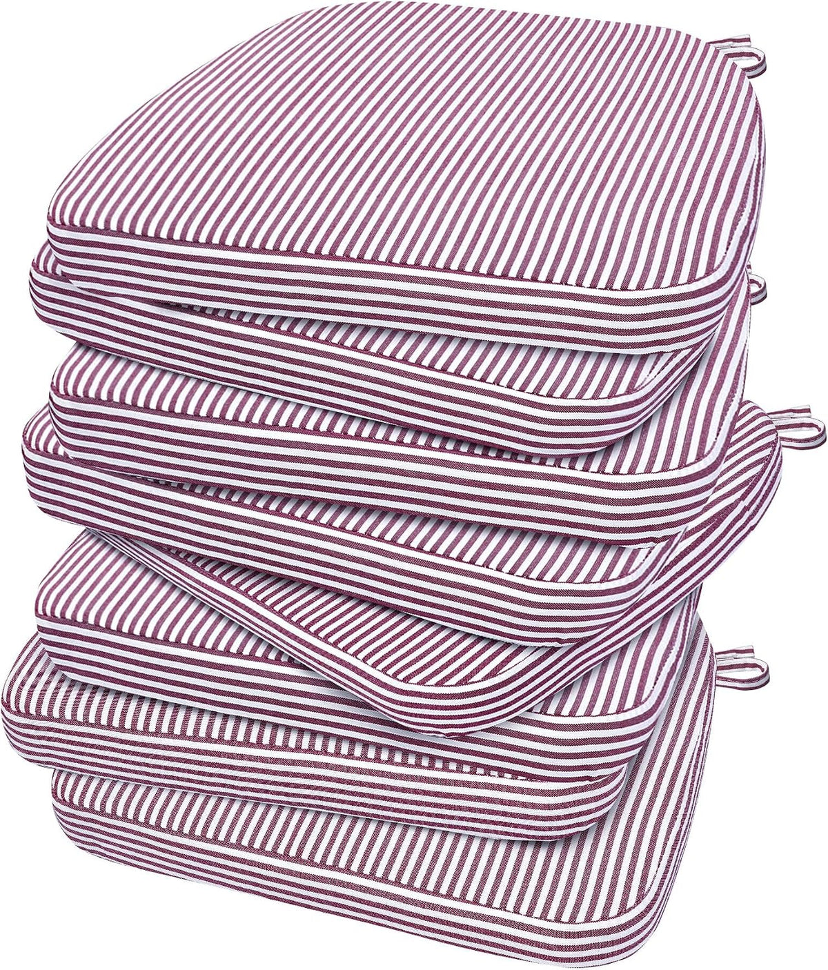 Tall stack of five narrow burgundy-and-white striped D-shaped chair cushions seen from the side.