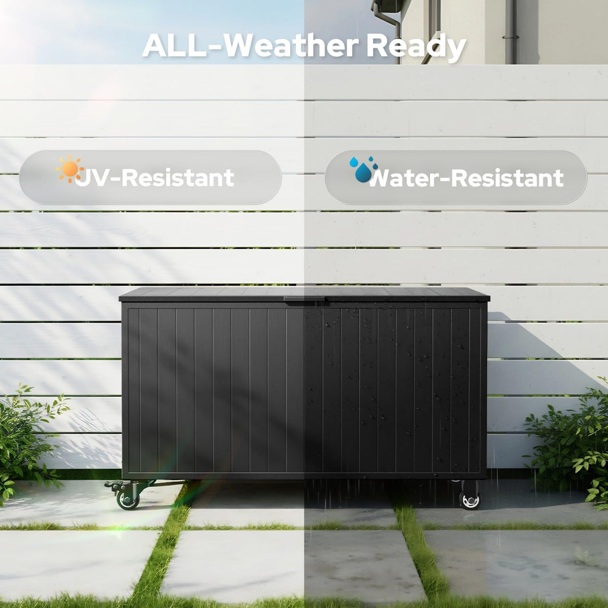 Black storage box on wheels placed against a white fence, shown with split sun and rain effects.
