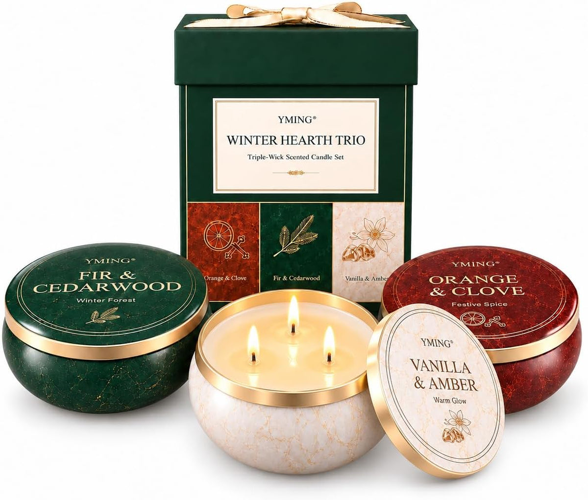 Three marbled round candle tins (green, red, white) with one open showing three lit wicks in front of a green gift box