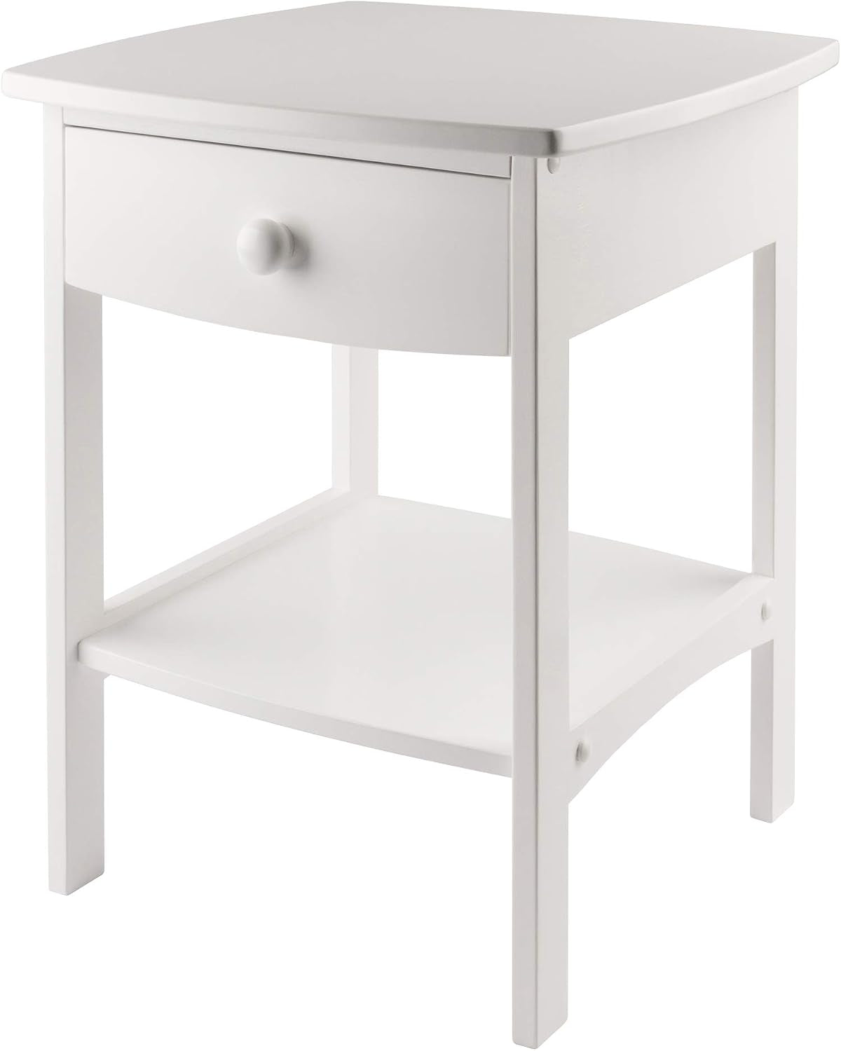 White end table shown at a three-quarter angle with a single curved drawer, round knob and exposed peg joints