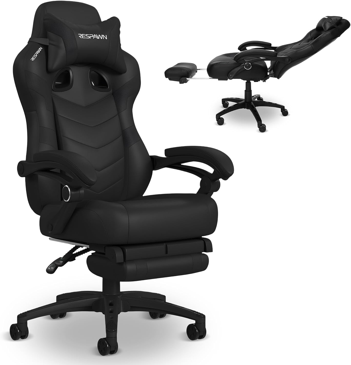 All-black chair angled right showing smooth upholstery, curved armrests and reclined inset with footrest.