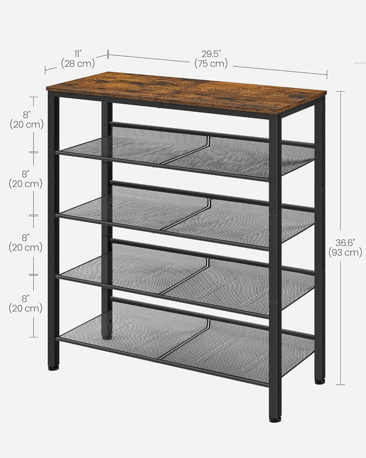 Illustration showing 5-tier shoe rack dimensions: 29.5" width, 11" depth, 36.6" height and 8" spacing between mesh shelves