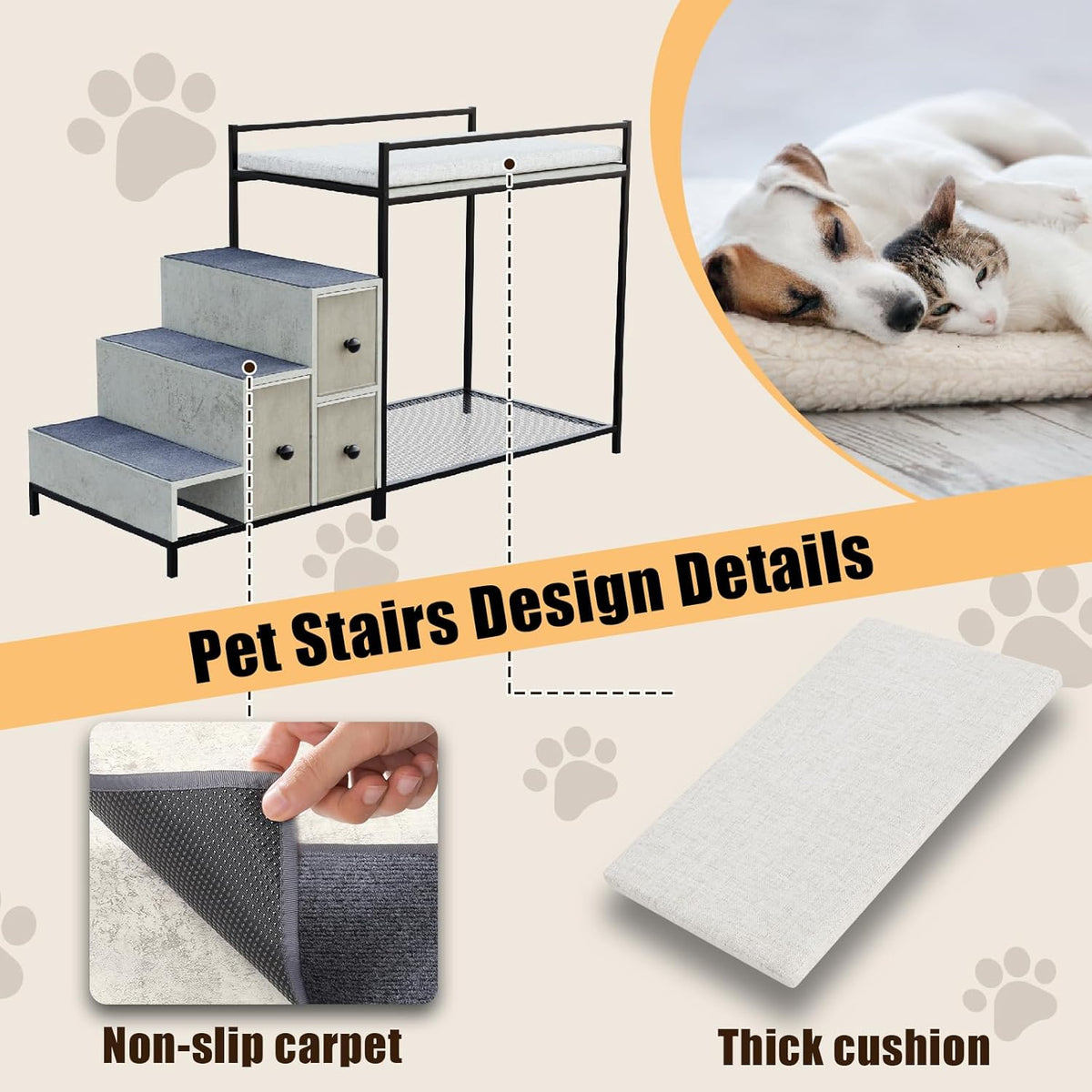 Feature collage highlighting non-slip carpet on the stairs and the thick removable top cushion