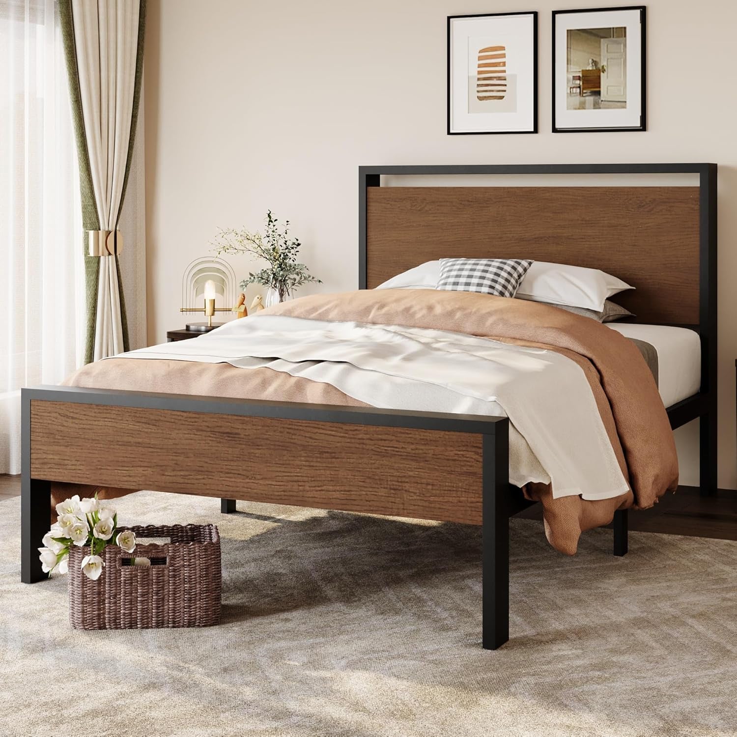 Metal platform bed with a lighter natural wood-tone headboard and footboard in a softly lit bedroom with neutral linens.