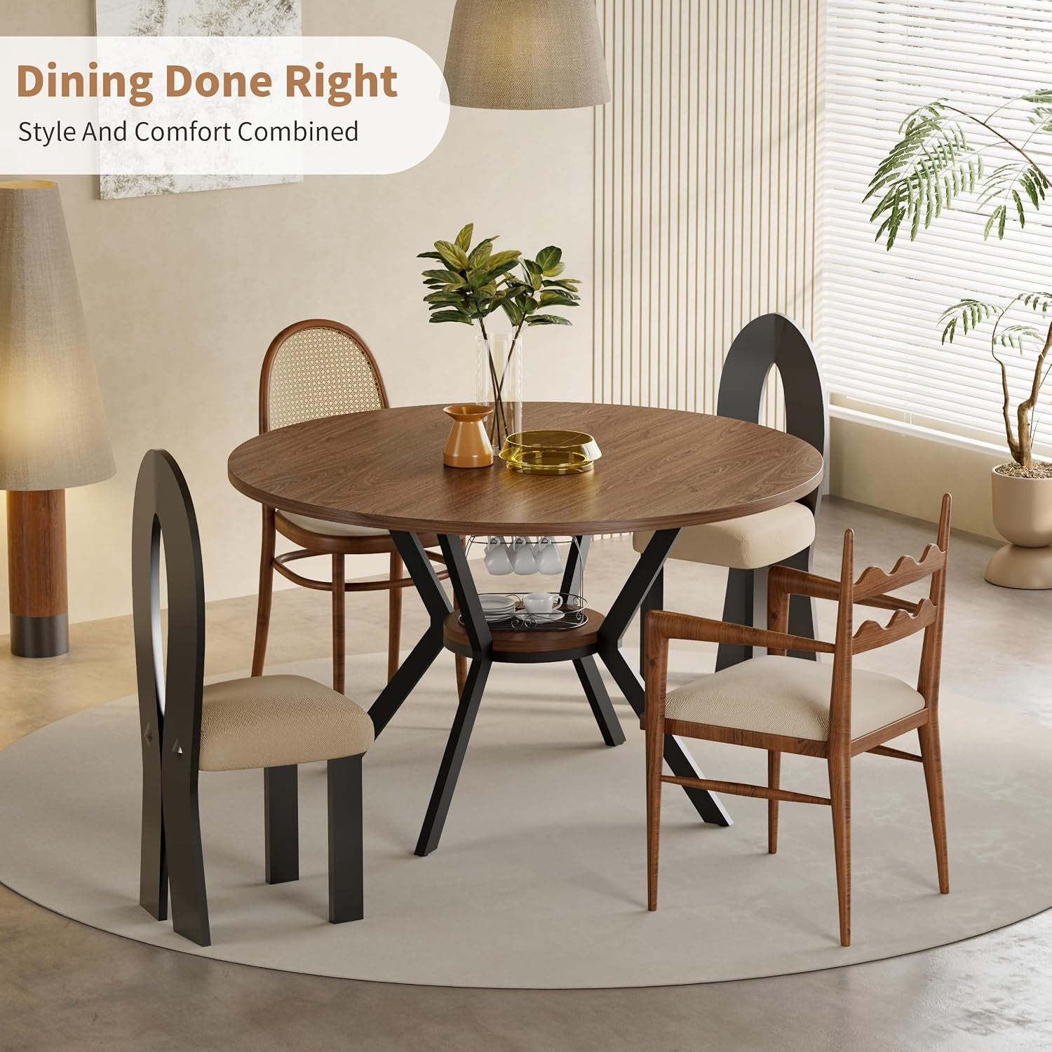 Full room view of the round dining table with X-base surrounded by mixed dining chairs