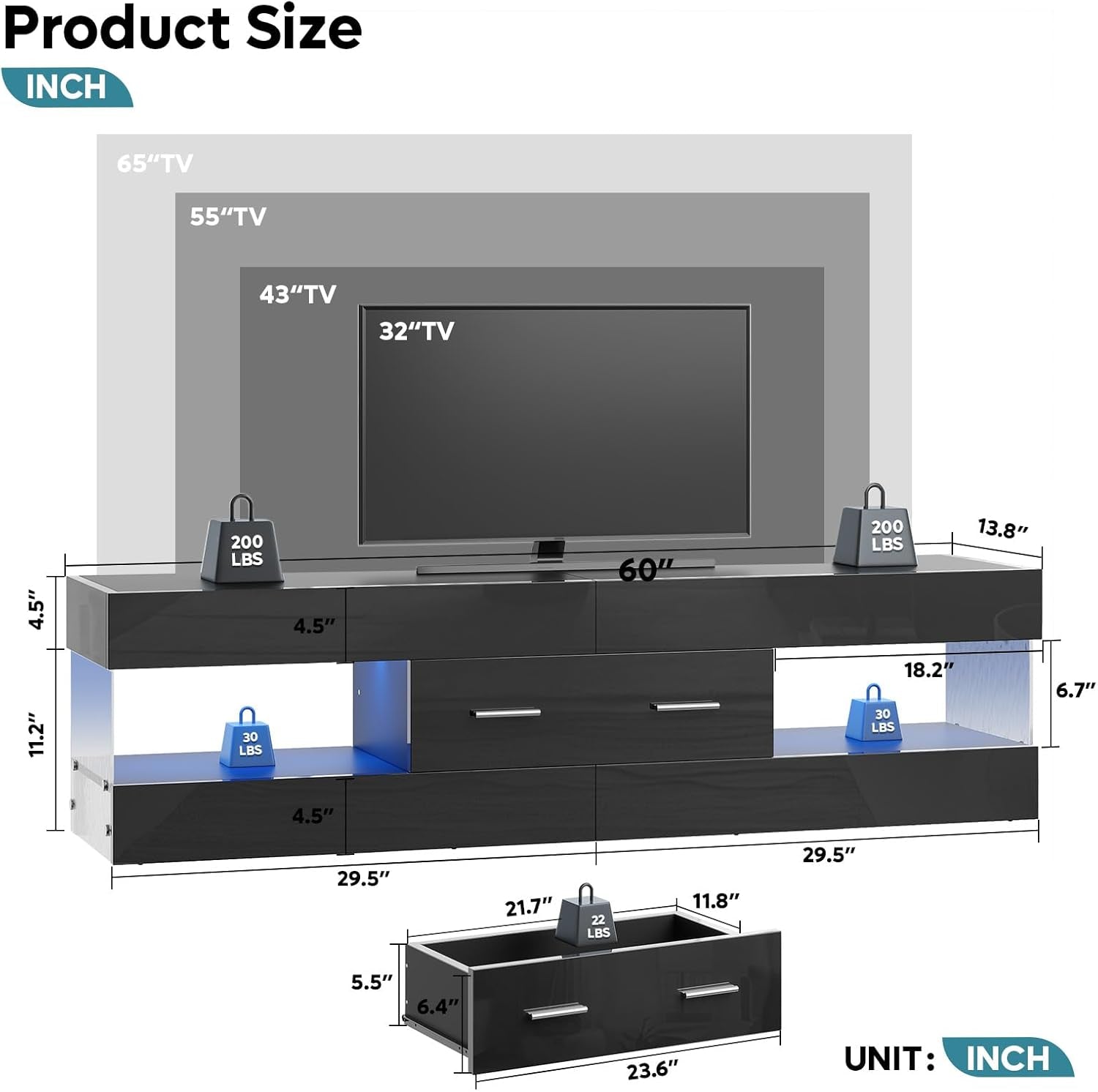 60-inch TV stand dimension diagram with measurements and weight capacity overlays against white background