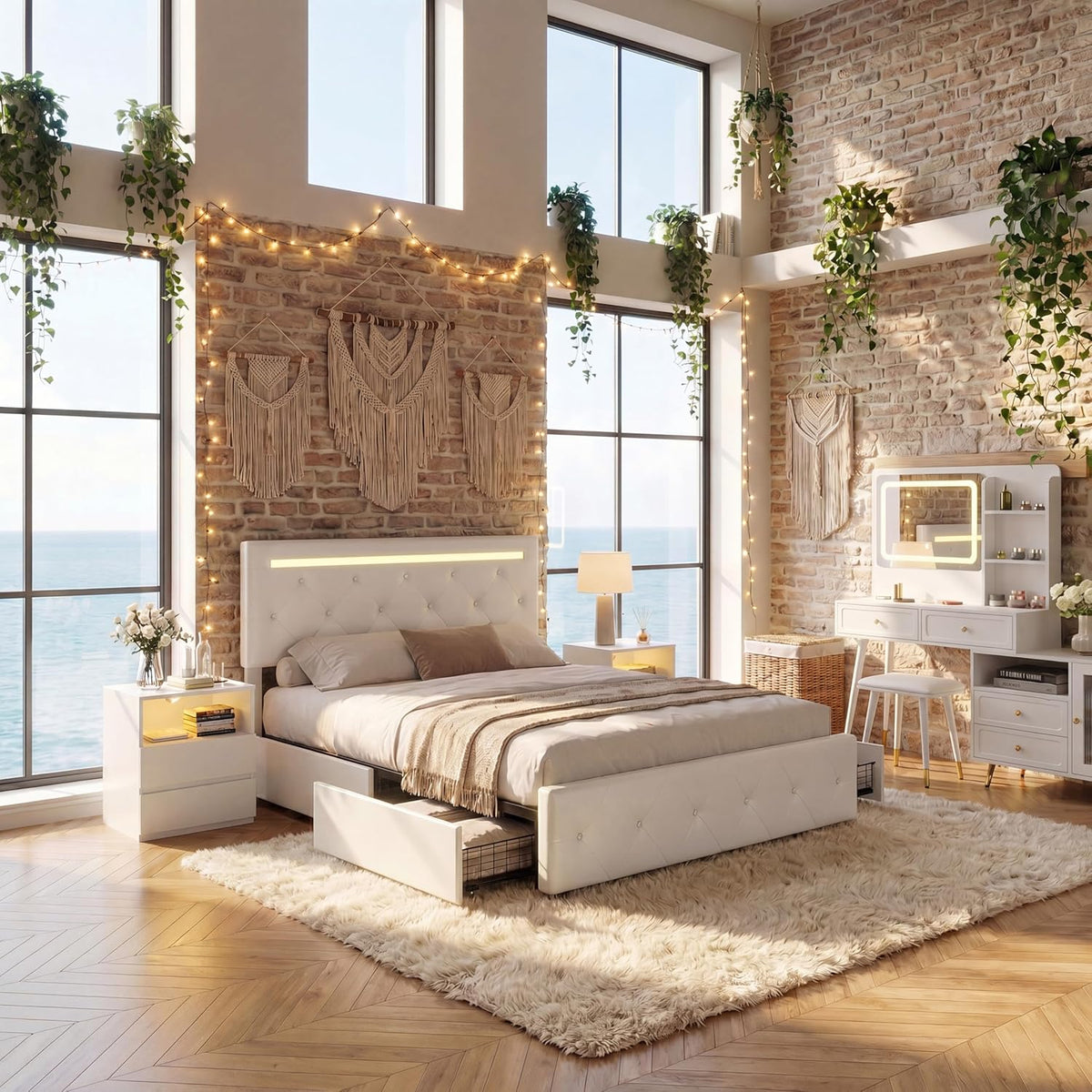 White bedroom set by tall windows with lit headboard LED, nightstands and a vanity with lighted mirror visible