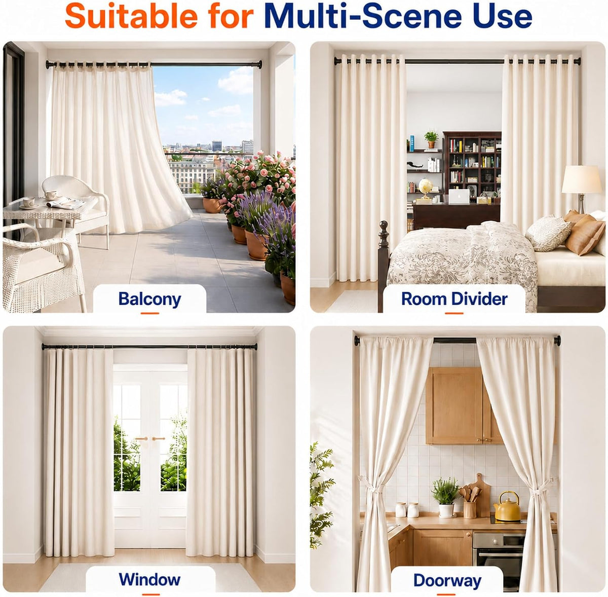Four-scene collage showing the black tension rod used on a balcony, as a room divider, over a window and across a doorway