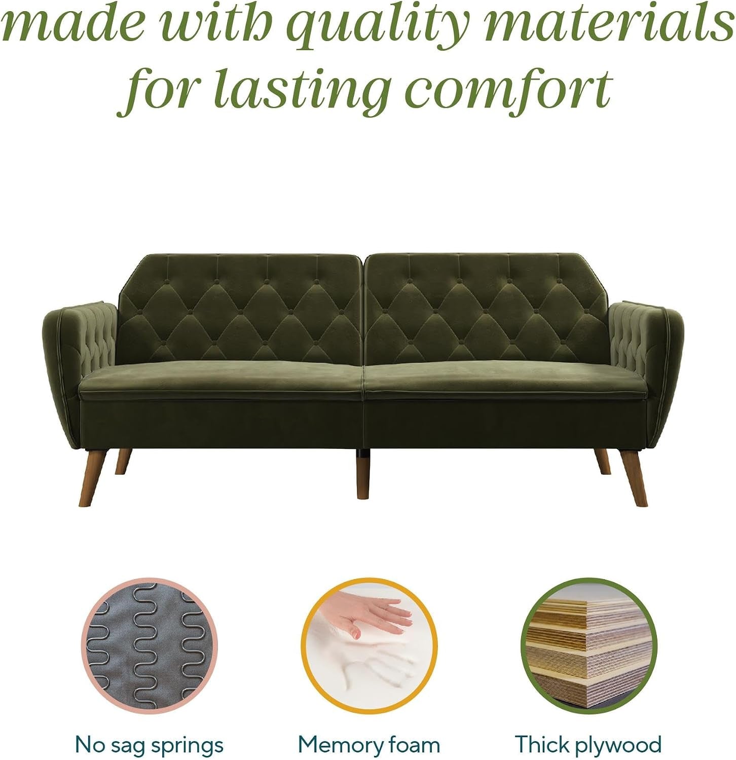 Front view of green velvet futon sofa with diamond-tufted back and angled wooden legs.