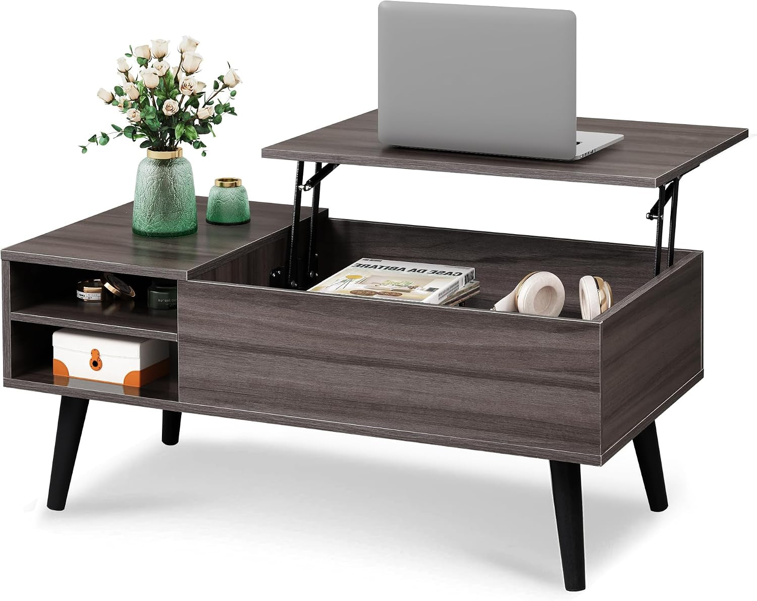 Gray lift-top coffee table showing raised top, open storage box and side shelving with decorative items