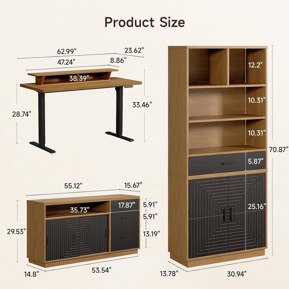 Dimension diagram for the oak brown standing desk, bookcase and file cabinet with measurement overlays