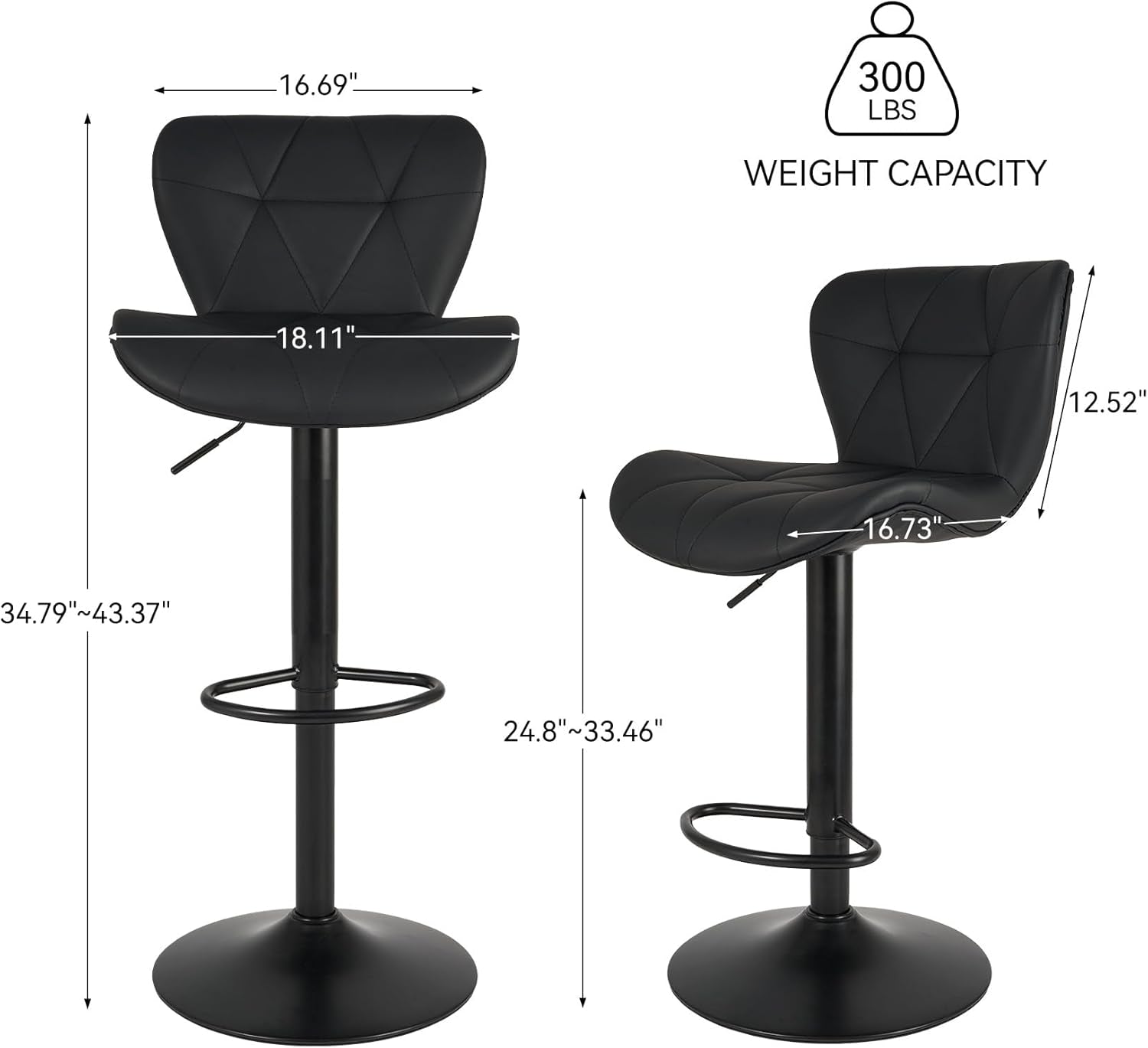 Graphic diagram showing stool seat height range 24.8"–33.46" and a 300 lb weight capacity icon