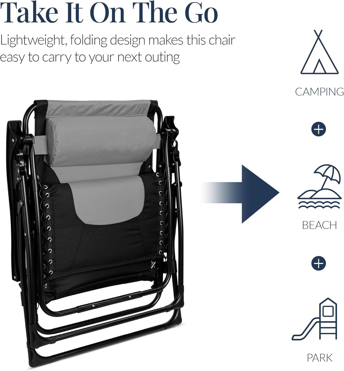 Chair shown folded upright with padded head pillow and metal folding frame visible