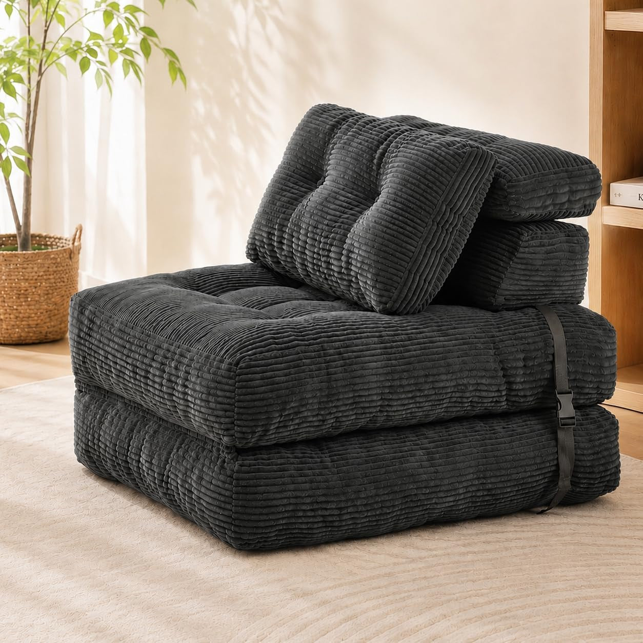 Dark grey corduroy folding floor sofa shown folded as a compact chair with pillows, angled front view