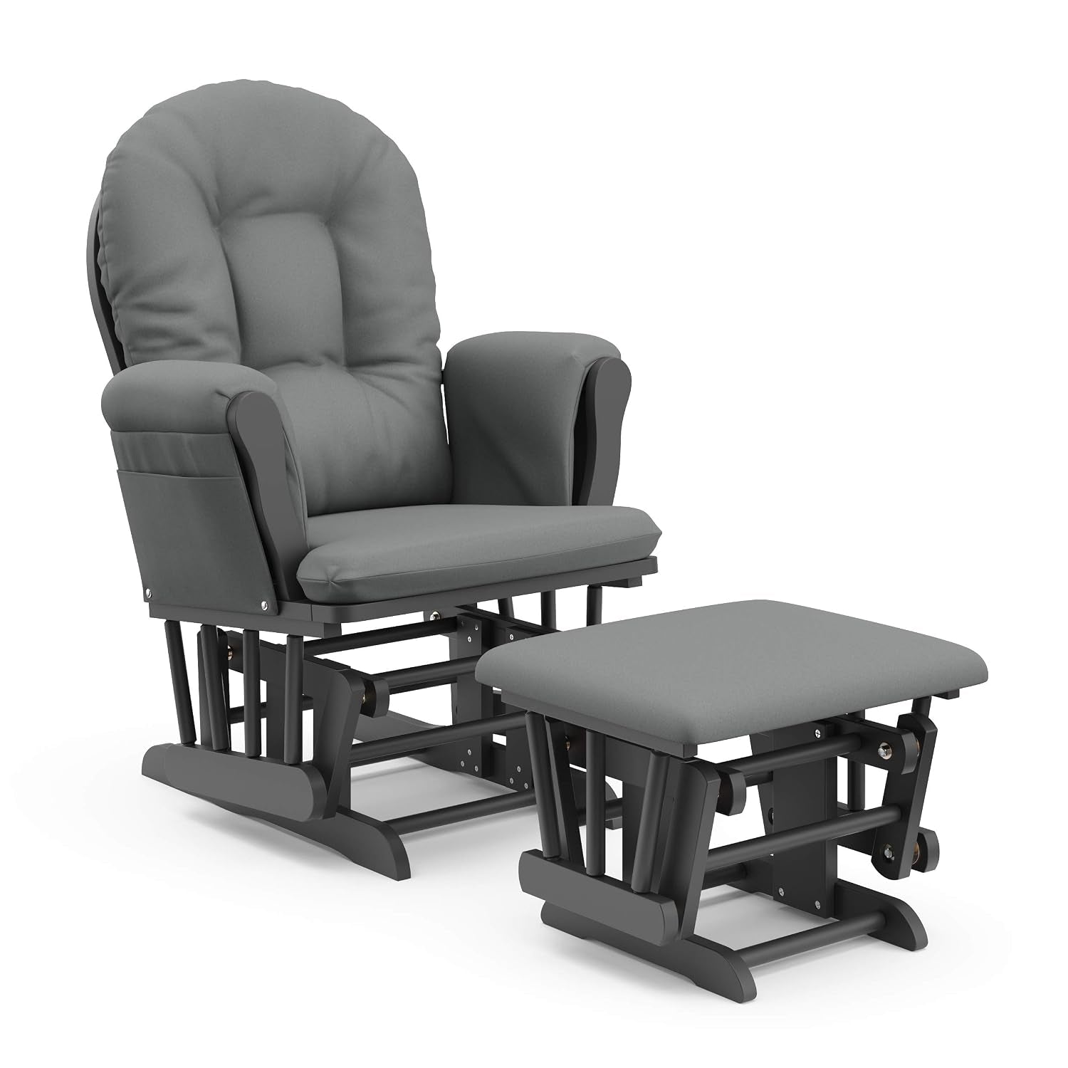 Gliding nursery chair and ottoman with black-stained wood frame and mid-gray cushions, angled view.