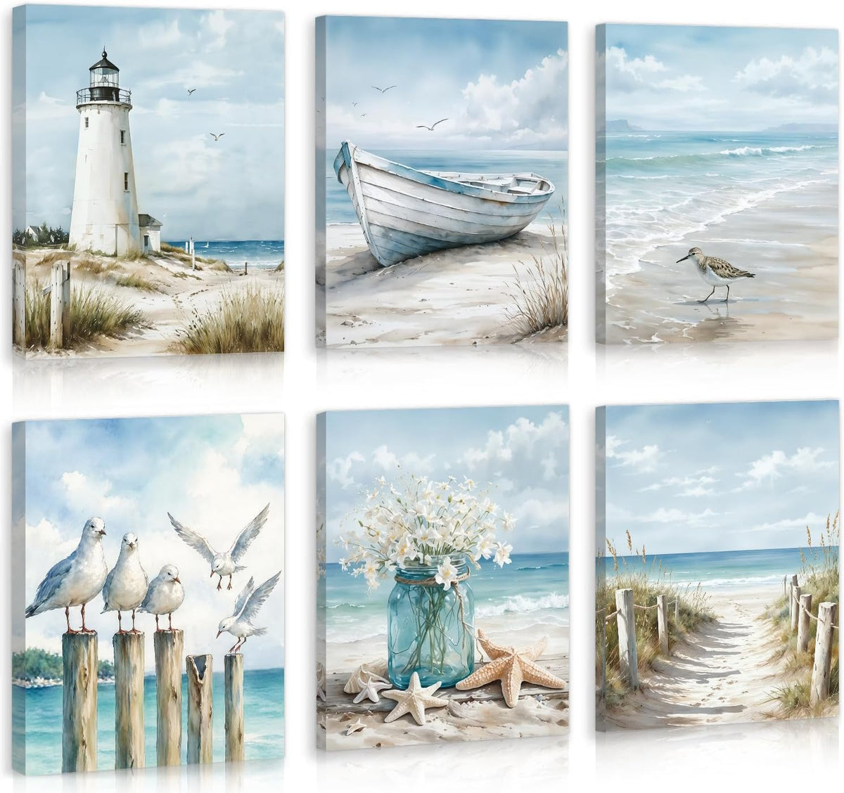 Six coastal-themed canvas prints depicting a lighthouse, boat, shorebirds, jar of shells, and a sandy path.