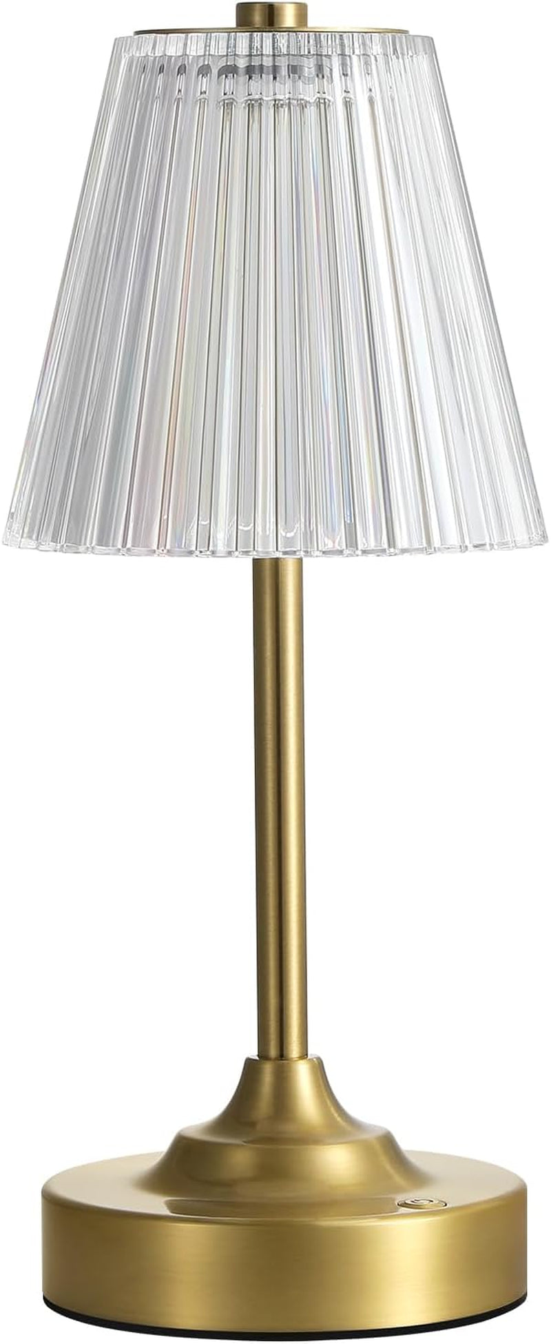 Straight-on product image of the lamp on a white background showing clear ribbed shade and gold stem.