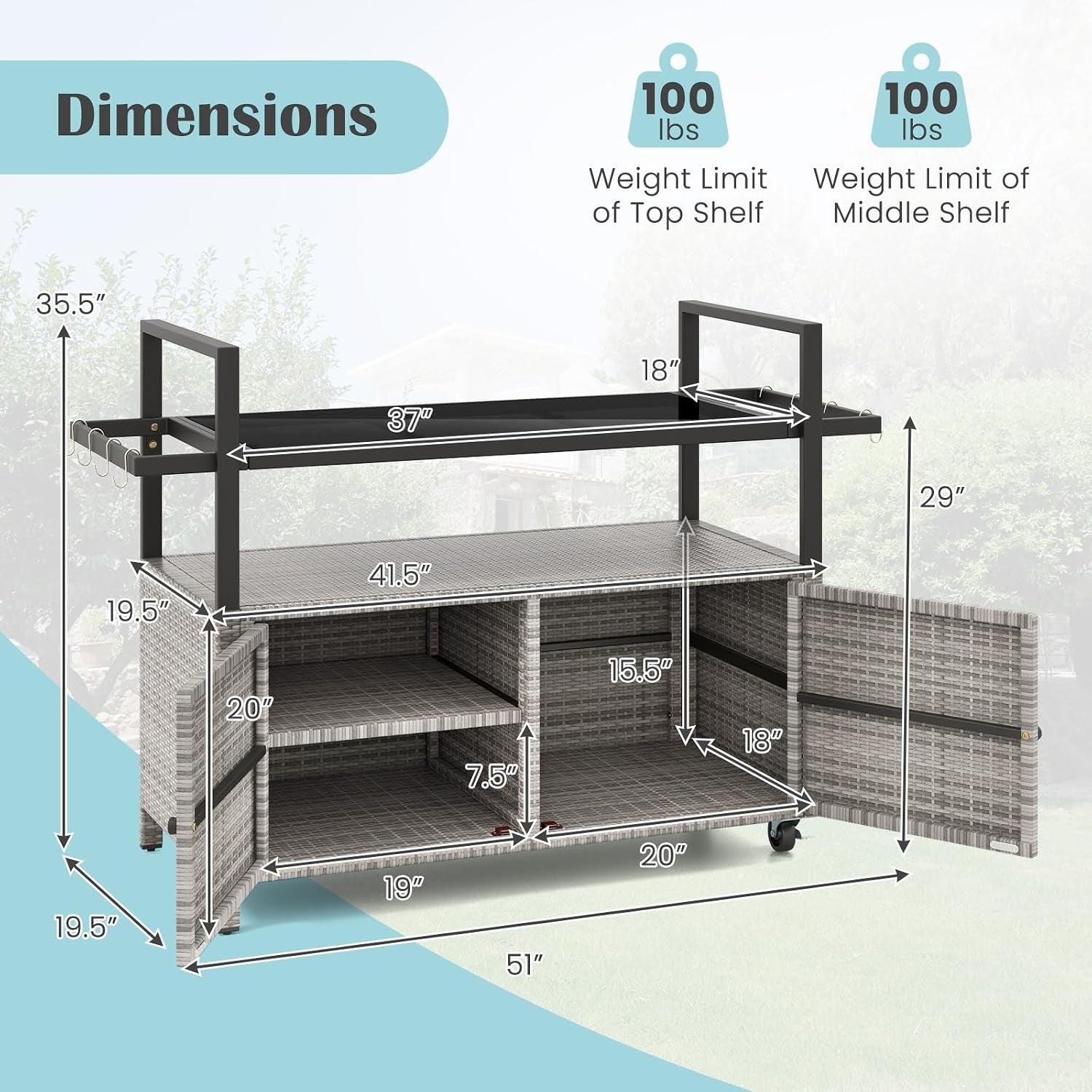 Bar cart dimensional diagram showing 51 inch overall length and detailed shelf measurements