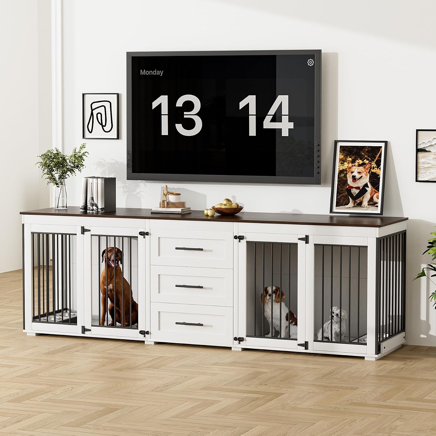 Front view of white double dog crate TV stand with brown tabletop, TV above and dogs in both crate compartments