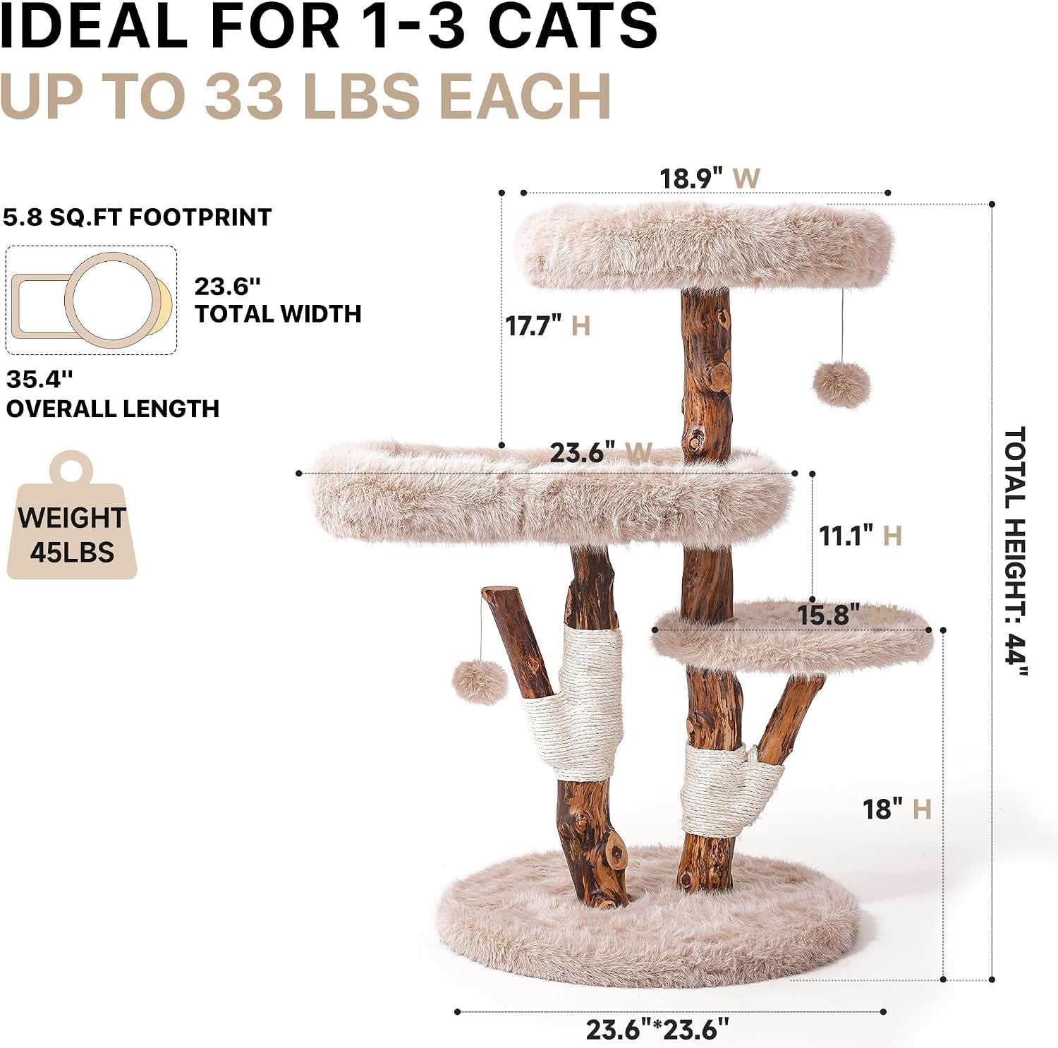 White-background dimension diagram of the cat tree showing platform measurements and layout.