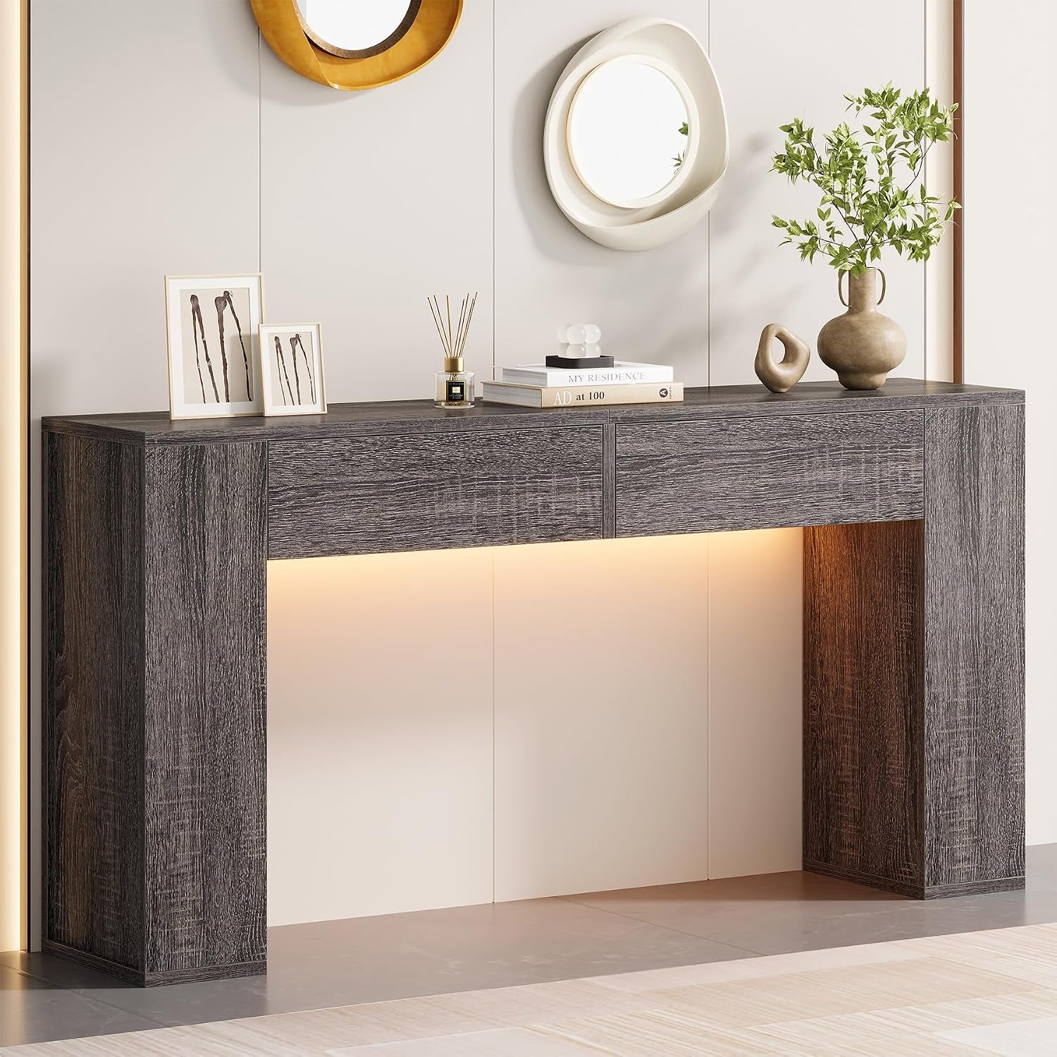 Grey wood-grain console table front angled view with warm LED light under the tabletop.